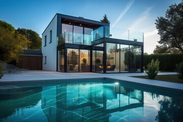 Luxury modern villa with swimming pool and garden, generative ai