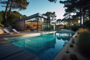 Fototapeta na wymiar Luxury modern villa with swimming pool and garden, generative ai