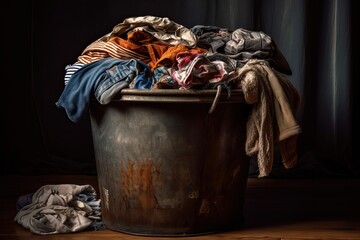 Fast fashion concept with a trash can full of discarded clothes, generative ai