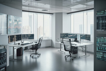 Room with many screens as a trading setup with charts on the screens. Generative AI.