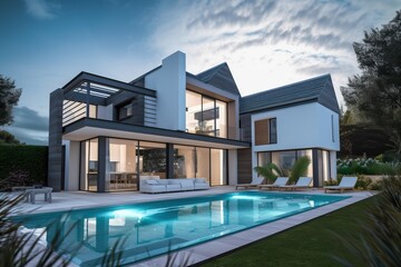 Fototapeta premium Modern luxury home with pool and garden at blue hour, generative ai