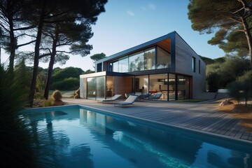 Fototapeta premium Modern luxury home with pool and garden at blue hour, generative ai