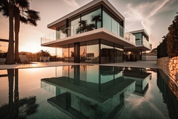 Fototapeta premium Modern luxury home with pool and garden at blue hour, generative ai