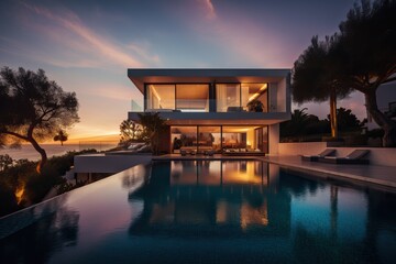 Fototapeta premium Modern luxury villa with pool and garden at blue hour, generative ai