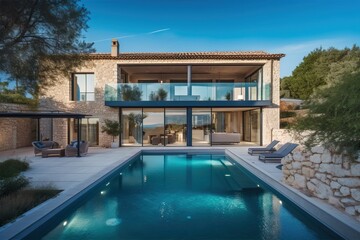 Fototapeta premium Luxury stone classic updated villa with swimming pool and garden, generative ai