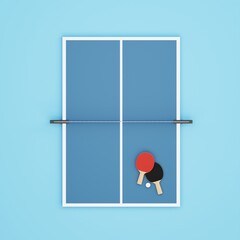 Set of table tennis concept. top view of blue table tennis court, table tennis rackets on blue background. ping pong indoor sport. 3d illustration