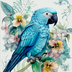 Watercolor parrot with tropical leaves and flowers.Generative AI technology.