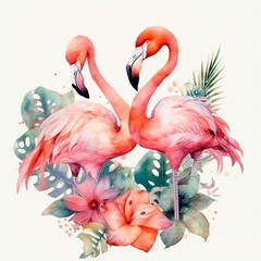 Watercolor pink flamingo with tropical leaves and flowers.Generative AI technology.