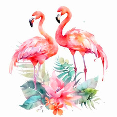 Naklejka premium Watercolor pink flamingo with tropical leaves and flowers.Generative AI technology.