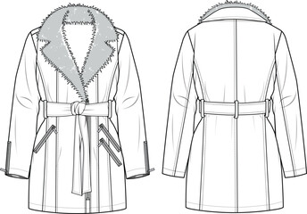 Unisex Pu Fur Collar Trench Coat. Technical fashion illustration. Front and back, white color. Unisex CAD mock-up. © DERYA