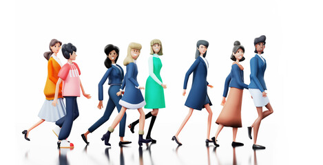 Group of happy business women walking in one direction. 3D rendering illustration