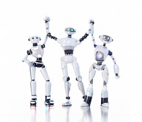 Tree robots standing together and holding hands up as symbol of winning and success. 3D rendering illustration