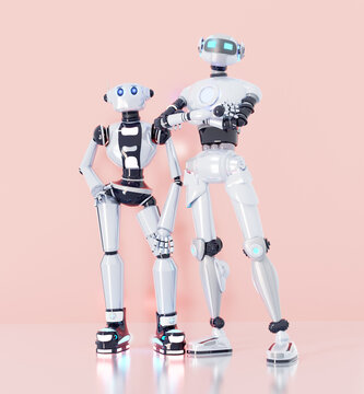 White robots posing to camera. Technology and computer science concept. 3D rendering illustration