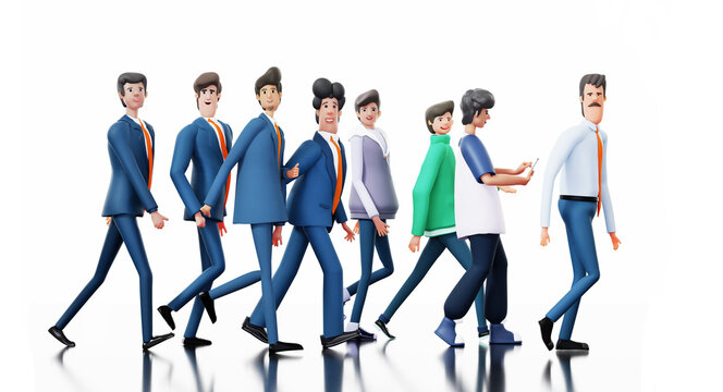 Group Of Happy Business People Walking In One Direction. 3D Rendering Illustration