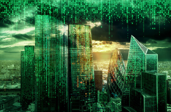 City of London view with matrix concept and digital connections. Virtual connectivity of the city. Financial district skyline with matrix sky background in green.