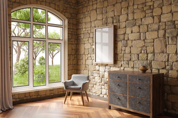 cozy living room interior with single chair in a room corner; sunlight shining trough window; canvas with copy space; home decoration concept; 3D Illustration