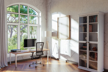 comfortable workplace with pc standing on wooden desk in office at home; bright sunlight shines through large window; wall with canvas copy space;  remote work freelance concept; 3D Illustration