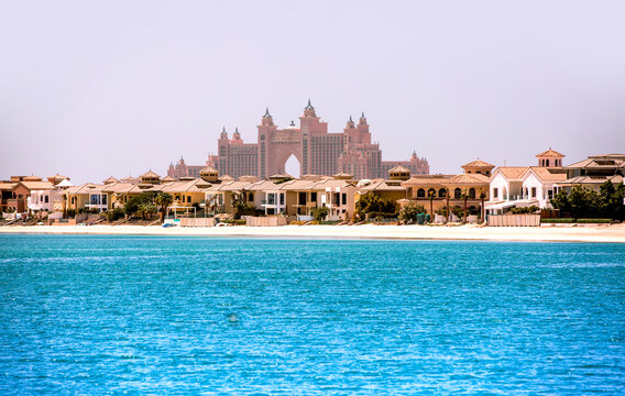 Dubai, UAE. Atlantis at Palm Jumeirah and villas with white sand beaches