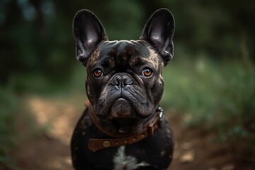 Fototapeta premium adorable French bulldog posing outside and glancing at the photographer. Generative AI