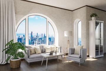luxurious loft apartment with arched window and panoramic view over urban downtown; noble interior living room design mock up; 3D Illustration