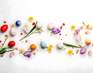 Fototapeta na wymiar Easter decoration. Easter composition with colored eggs and flowers on white background. Generative AI