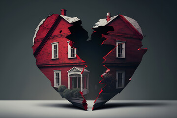 Concept division of jointly acquired property in marriage, separation of house during divorce of family. Heart shaped apartment is torn in half. Generation AI - obrazy, fototapety, plakaty