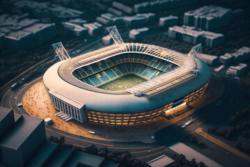 Big sport arena for football and soccer stadium with green grass. Aerial top view sunset light. Generation AI