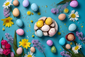 Fototapeta na wymiar Easter decoration. Easter composition with colored eggs and flowers. Flat lay. Generative AI
