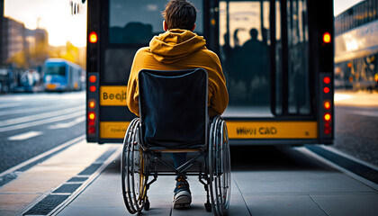 Obraz premium Teenage young boy in wheelchair go yellow school bus. Concept accessible education for disabled. Generation AI