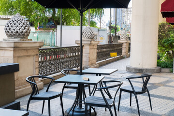 Empty table and chair at restaurant,London style.