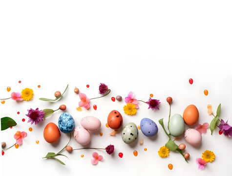Easter decoration. Easter composition with colored eggs and flowers. Flat lay. Generative AI