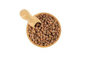brown chickpeas in wooden bowl and scoop isolated on white background. nutrition. food ingredient.