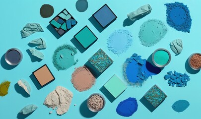  a variety of different colored powders on a blue background with a cup of powder in the middle of the image and a few other powders on the table.  generative ai