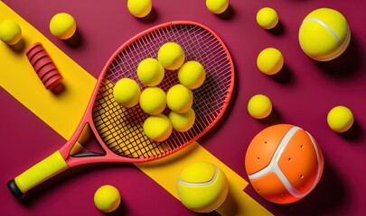  a tennis racket and balls on a pink and yellow surface with a yellow stripe and a pink and yellow background with a red and yellow stripe.  generative ai