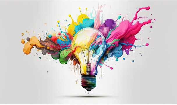  a colorful light bulb with paint splatters on it's side and the light bulb is turned on and turned on to the side.  generative ai