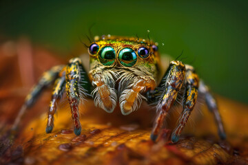 Close-up of jumping spiders with big eyes. In a seemingly natural environment. AI generated illustration.
