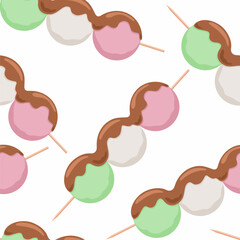 Seamless pattern background with Dango japanese sweet dumpling dessert. Pink, white, green 3 balls served