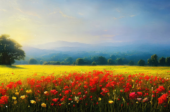 Summer landscape, countryside flowers and meadows, Generative Ai. © Cobalt