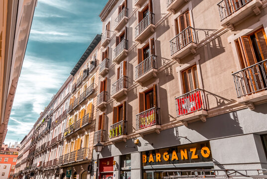 Generic architecture and street view from the Chueca neighborhood of Madrid, Spain