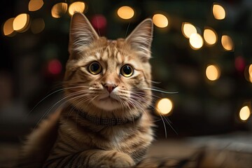 Cat seated in front of a Christmas tree and Christmas lights, with its mouth open. Golden bow adorned kitten posing for the camera. A cat with an open mouth. Kitten with large green eyes. Merry Christ