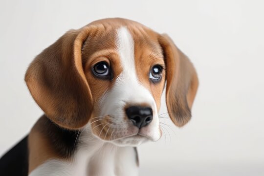 Tricolored Beagle puppy isolated on a white backdrop. picture of a nice dog. puppy staring upward. text space for copy. Generative AI
