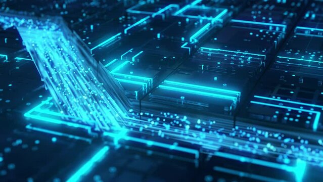 Machine learning process inside neural network architecture. Different levels of the new big data uploads to the engine database. Innovative model of the neural intelligence with blue circuit board.