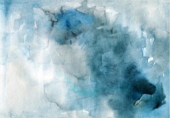 Blue  abstract watercolor background, ink staines, watercolor blotch, dark blue and black clouds