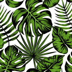 Tropical leaf seamless pattern. Colorful vivid print with beautiful palm jungle leaves. Repeated luxury design for packaging, cosmetic, fashion, textile, wallpaper. Realistic high quality illustration