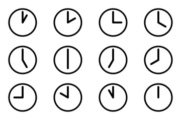 Analog circle clock icon set, every time hour flat style simple black color line watch face. One to twelve hours timepiece display vector illustration isolated on white background.