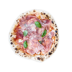 Crusty Italian pizza with ham prosciutto mozzarella and fresh basil served whole top view isolated over white background