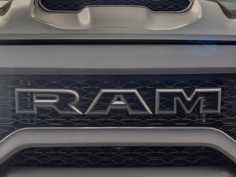 Yerevan, Armenia, March 12, 2023: Dodge Ram Off-road car. Ram logo. Powerful american pickup Dodge Ram