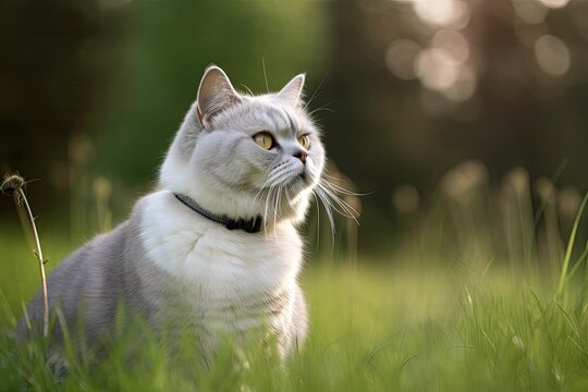 image of a tabby white British shorthair cat sitting on grass in nature with creamy bokeh. Generative AI