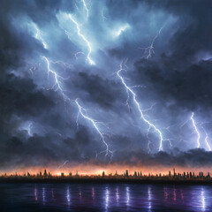 Lightning thunderstorm over the city skyline Generative AI Art