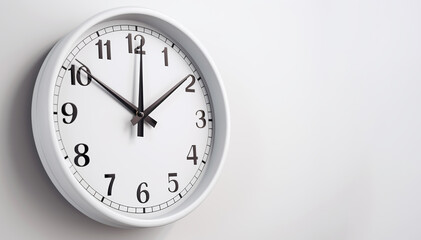 Minimalist white wall clock showing a specific time, perfect for concepts about time management or deadlines.